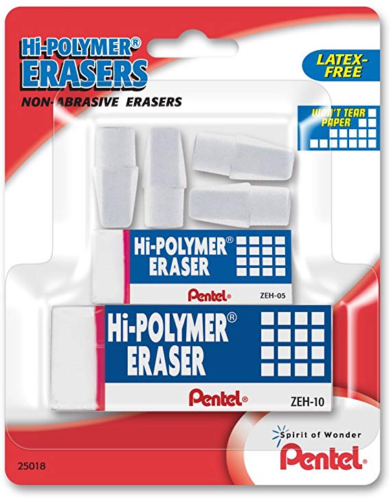 Pentel Hi-Polymer Eraser Mixed Pack 4 Cap Erasers, 1 Small Block, 1 Large Block, Pack of 6 (ZEH2510BP)