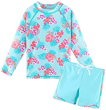 TFJH E Girls Long Sleeve Swimsuits Rashguard Sets Sunsuits UV 50  Two Piece 3-12Y