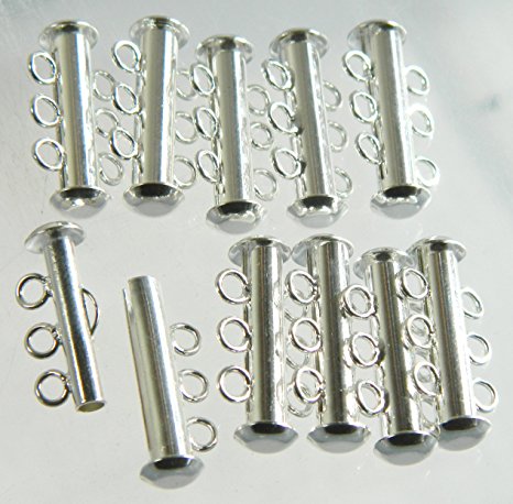 10 Pack Multi 3 Strand Slide Lock Clasps, Silver Plated Brass