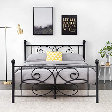 VECELO Metal Bed Frame/Mattress Foundation/Box Spring Replacement with Stylish Headboard & Footboard, Heavy Duty/Easy Set Up, Queen, Black