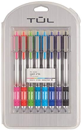 TUL Retractable Gel Pens, Needle Point, 0.7 mm, Gray Barrel, Assorted Bright Ink Colors, Pack of 8