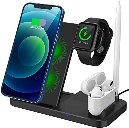 Wireless Charging Stand, 4 in 1 Qi-Certified Fast Wireless Charger Station Dock for iWatch Series SE/6/5/4/3/2/1, AirPods and Pencil, Compatible for iPhone 12/11 Series/XS MAX/XR/XS/X/8/8 Plus/Samsung