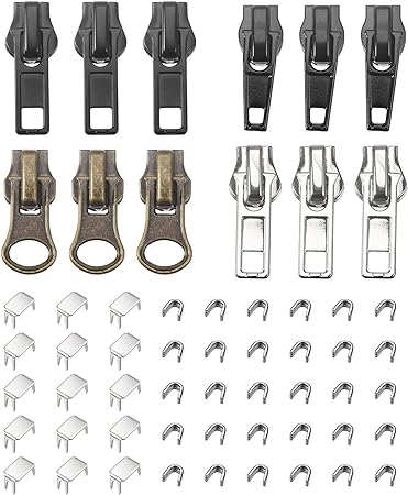 uxcell Zipper Repair Kits, 12Pcs #5 Zipper Pull & 30Pcs U-Shaped Top Stop & 15 Pcs Bottom Lock Stop for Replacing Metal, Plastic, Nylon Zippers of Coats, Jackets