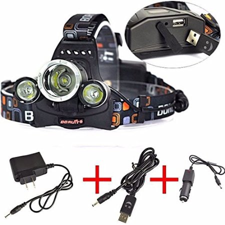 KAZOKU RJ-5000 8000Lumens 3x CREE XM-L T6 LED Headlamp Headlight for Camping Hiking with AC Adapter USB Charger Car Charger