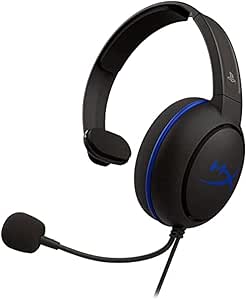 HyperX Cloud Chat, Cuffia da Gaming Monoaurale, Connessione Cablata a 3,5 mm, Microfono con Cancellazione Rumore, Telaio Plastica, Cuscinetti Gommapiuma, Comandi sul Cavo, Adatto per PS4, Nero/Blu