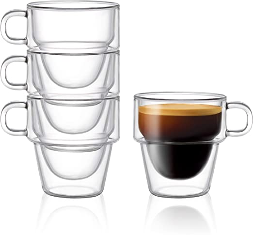 Stoiva Double Wall Insulated Espresso Glass Cups – 5 oz. (150 ml) Espresso Shot Glass Cup with Handle – Stackable Thermal Clear Glass Cups, Ideal Fit for Espresso Machine and Coffee Maker – Set of 4