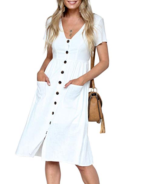 MEROKEETY Womens Summer Short Sleeve V Neck Button Down Swing Midi Dress with Pockets