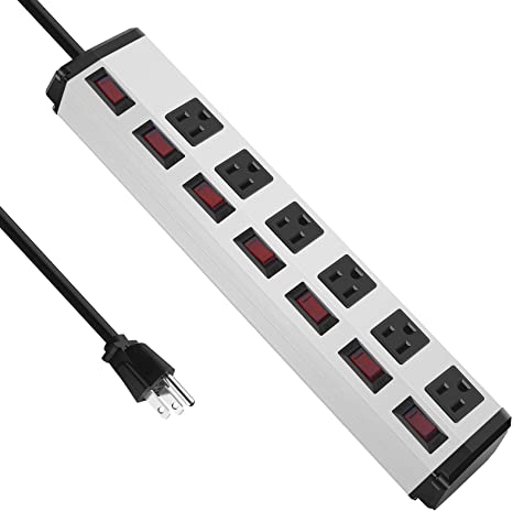 Power Strip with Individual Switches, ECO-Friendly 6-Outlet Metal Heavy Duty Surge Protector (600 Joules), 6-Feet 14AWG Cord with Hook and Loop Fastener, 15A Circuit Breaker