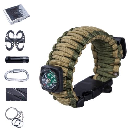 TTLIFE Ultimate 13-pieces Survival Kit including Paracord Bracelet with Bottle OpenerCompassFire StarterWhistle Credit Card Knife LED Flashlight Emergency Blanket CarabinerWire Saw - BEST Survival Gear