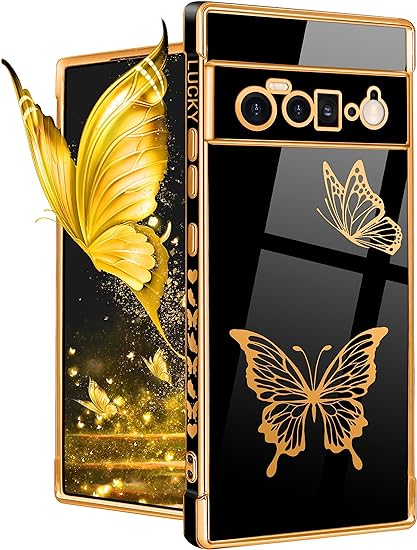 for Google Pixel 6 Pro Case 5G Butterfly for Women Girls Girly Pretty Phone Cases Cute Black and Gold Plating Butterflies Unique Design Aesthetic Fashion Cover for Google Pixel 6 Pro 5G 6.7"