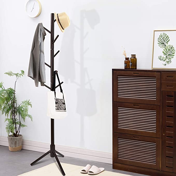 Clewiltess Wooden Tree 8 Hooks Coat Rack Stand, Hallway/Entryway Coat Hanger Stand for Clothes, Suits, Accessories,Super Easy Assembly (Dark Brown)