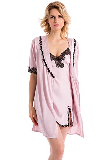 Vislivin Short Sleeve Women's Sexy Pajama 2 Piece Satin Robe and Chemise Lingerie