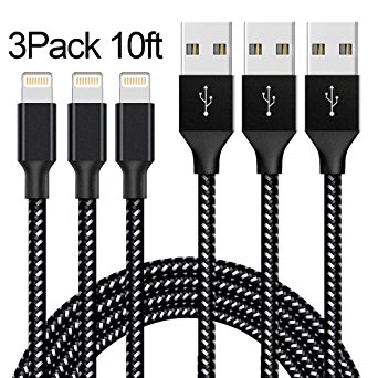 Lightning Cable,ONSON Charger Cables 3Pack 10FT to USB Syncing and Charging Cable Data Nylon Braided Cord Charger for iPhone 7/7 Plus/6/6 Plus/6s/6s Plus/5/5s/5c/SE and more (Black&White)