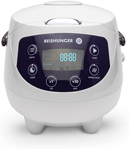 Reishunger Digital Mini Rice Cooker and Steamer in White with Keep Warm Function & Timer - 2.5 Cups - Premium Inner Pot, Spoon & Measuring Cup - Multi Cooker with 8 Programmes & 7-Phase Technology