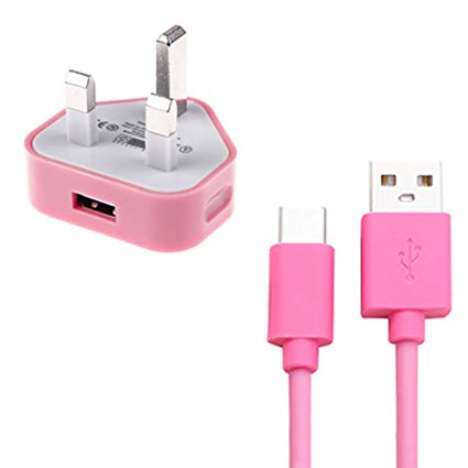 Samsung Mains Charger Plug with Type C lead for Samsung Galaxy A3 (2017) A5 (2017) A7 (2017) Galaxy S8/S8 Plus/Galaxy TabPro S,CE Approved 3 Pin UK Plug with High Quality Data Sync USB Lead (Pink)