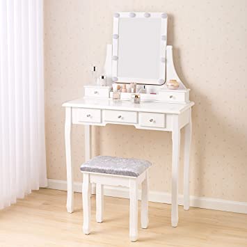 Vanity Table with Lighted Mirror, Makeup Dressing Table with 10 Lights and 5 Drawers,Detachable Top and 360 Rotation Mirror, Modern Dresser Desk Vanity Table for Women(White)