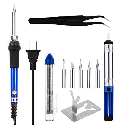 Siensync Full Set 60W 110V Electric Soldering Iron Kit - 6-in-1 Adjustable Temperature Welding Soldering Iron Including 5pcs Different Tips, Desoldering Pump, Stand, Anti-static Tweezers and Solder Tube