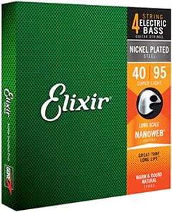 Elixir Strings Nickel Plated Steel 4-String Bass Strings w NANOWEB Coating, Long Scale, Super Light (.040-.095)