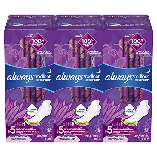 Always Radiant Feminine Pads for Women, Size 5, Extra Heavy Overnight, with Wings, Scented, 18 Count, Pack of 3 (54 Count Total)
