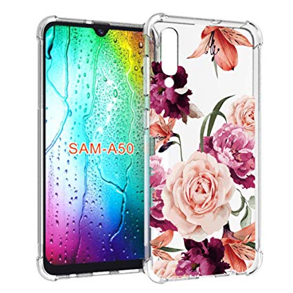 LUOLNH Compatible with Galaxy A50 Case,Galaxy A50 Case with Flower,Slim Shockproof Clear Floral Pattern Soft Flexible TPU Back Cover for Samsung Galaxy A50(Purple)