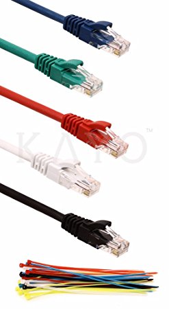 Cat5e Ethernet Patch Cable -10 Feet-5 Pack Cat5e RJ45 Snagless/Molded Boot by KAYO - Multicolored - Blue/Black/Green/ White/Red