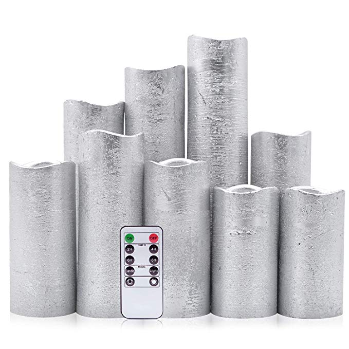 Eldnacele Flameless Candles Flickering LED Silver Pillar Candles Warm White Set of 9(H4" 5" 6" 7" 8" 9" x D2.2") Electric Unscented Wax Silver Coated Battery Candles With Remote Timer for Home Deco