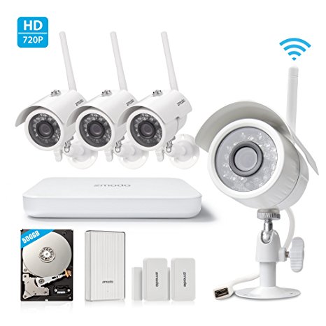 Zmodo All-in-One Wireless Outdoor Indoor Smart Home Security Camera 4CH NVR System 500GB Hard Drive with Zmodo Beam and 2 Pack Door/Window Sensors