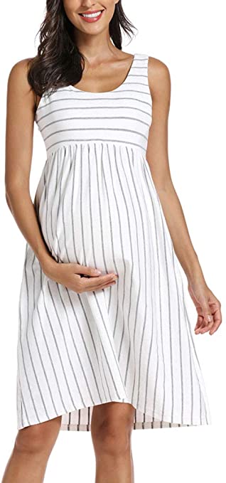 Ecavus Womens Maternity Tank Dress Stripe Color Block Sleeveless Knee Length for Baby Shower
