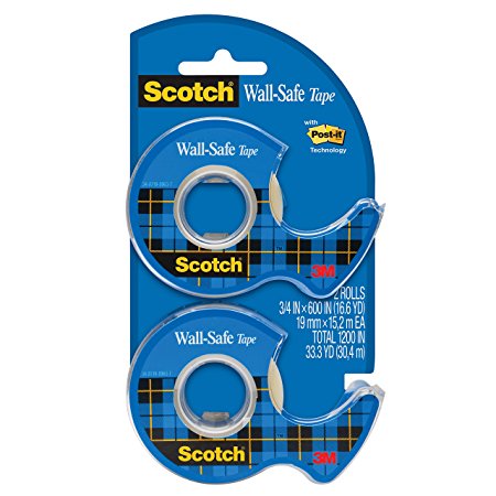 Scotch Wall-Safe Tape, 3/4 in x 600 in each, 1200 in total, 2 Rolls, Safe on Wood, Painted Walls, Metal, Mirrors and Glass (183-DM2)