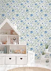 RoomMates RMK12634PL Flower Market Peel and Stick Wallpaper, Blue/Mint