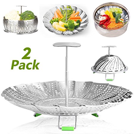Vegetable Steamer Basket Stainless Steel Veggie Steamer Insert for Pressure Cooker and Various Pots, Extendable Handle, Foldable Legs, Silicone Feet (2 Pack, 5.5" to 9.5" and 7.1" to 11")
