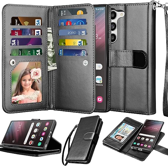 NJJEX Galaxy S23 Case, for Samsung Galaxy S23 Wallet Case, [9 Card Slots] PU Leather ID Credit Holder Folio Flip [Detachable] Kickstand Magnetic Phone Cover & Lanyard for Samsung S23 [Black]