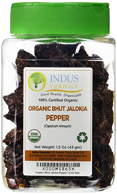 Indus Organics Authentic Indian Bhut Jolokia Chili Pepper (Ghost Pepper) Whole, 1.5 Oz Jar (30-36 Peppers), Steam Sterilized, High Purity, Freshly Packed