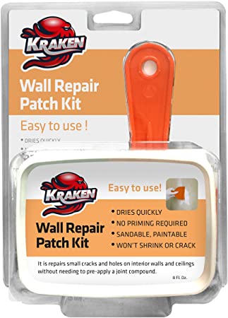 Kraken Bond Wall Patch Repair Kit - Spackle, Drywall Repair Kit, Wall Repair Patch Kit 9.4 fl. oz | Compound, Self Adhesive Patch (Backplate), Putty Knife, Sanding Pad | Paintable, Sandable, Stainable