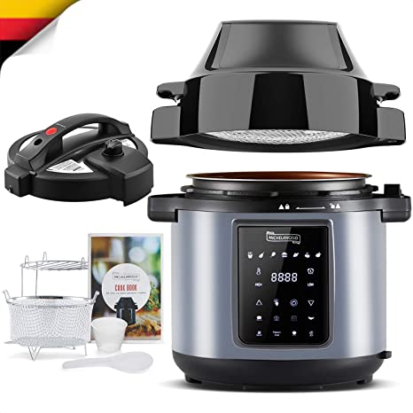 MICHELANGELO 6 QT Pressure Cooker Air Fryer Combo, All-in-1 Pressure Cooker with Air Fryer - Two Detachable Lids for Pressure Cooker,Large Pressure Fryer,Air Fryer, Rice,Slow Cooker,Steamer & Warmer