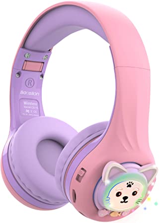 Riwbox Baosilon CB-7S Cat Kids Headphones Wireless/Wired with Mic, Light Up Bluetooth Headphones Over Ear Volume Limited Safe 75/85/95dB with TF-Card, Children Headphones for School (Purple&Pink)