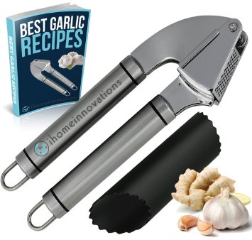 NEW LOW PRICE - Garlic Press And Ginger Mincer Crusher Combo - Made From Stainless Steel With Large Basket Hopper - Timeless Yet Simple Epicurean Presser With Black Silicone Roller Peeler And FREE Recipe E-Book Included