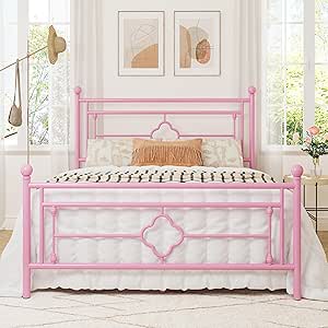 Allewie Queen Size Metal Platform Bed Frame with Victorian Vintage Headboard and Footboard/Mattress Foundation/Under Bed Storage/No Box Spring Needed/Noise-Free/Easy Assembly, Pink