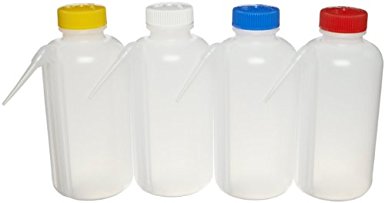 Nalgene 2423-0500 LDPE Color-Coded Unitary Wash Bottle, 500mL Capacity, Colored Polypropylene Screw Cap, Assorted Cap Colors, Pack of Four