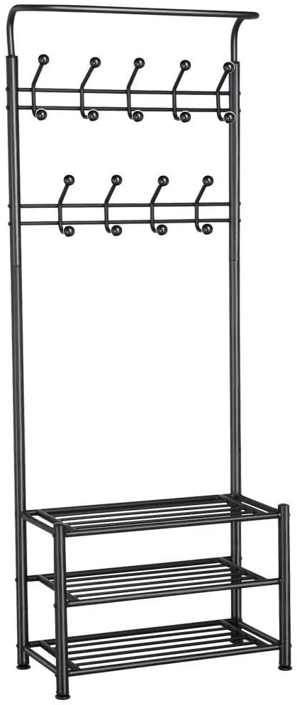 Yaheetech 18 Hooks Metal Clothes/Hat Hanger Tree Hall Stand Coats Rack/Stand with Shoes Storage Shelves Black