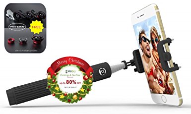 2nd Generation 3-in-1 0.4X Wide Angle Lens, 180 Degree Supreme Fisheye Lens & 10X Macro Lens kit for iPhone 6/6s/6 Plus/6s Plus ,iOS &Android Smartphones (No Shadow Series) (Selfie Stick (Black))