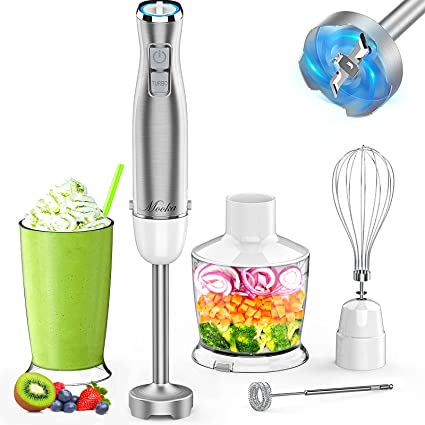 MOOKA Hand Blender, 5-in-1 Multi-Purpose Immersion Blender, 1100W 12-Speed Stick Blender, 600ml Beaker, 500ml Food Chopper, Egg Whisk, Milk Frother, White