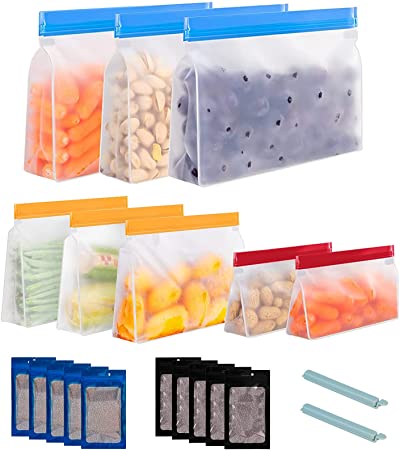 VECELO Reusable Storage Bags, Food Storage Storage-Bag Up, Bpa Lunch Bag for Food Organization, 3 Large Reusable Storage Bags, 3 Medium Sandwich Bags, 2 Small Snack Bag,10 sealed bags