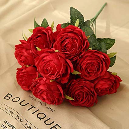 Jasion Artificial Roses Flowers 10 Heads Arrangement Silk Bouquet Glorious Moral for Home Office Parties and Wedding Decoration (Red)