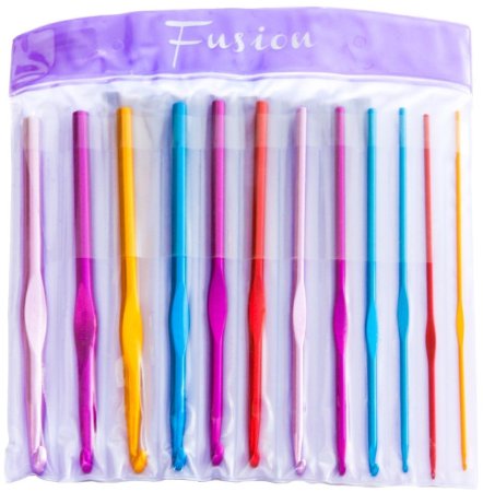 FUSION - Set of 12 High Quality Aluminium Multi coloured Crochet Hooks Needles 2mm 25mm 3mm 35mm 4mm 45mm 5 55 6mm 65mm 7mm and 8mm in a plastic partitioned walletcase