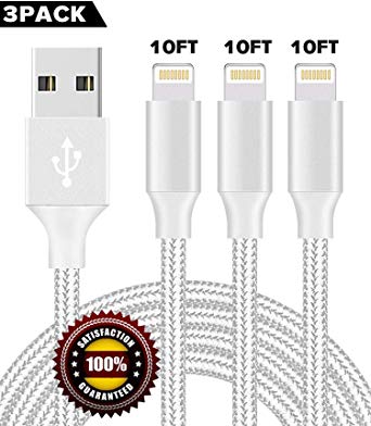 iPhone Charger,BULESK MFi Certified Lightning Cable 3 Pack 10FT Extra Long Nylon Braided USB Charging & Syncing Cord Compatible iPhone 11/11Pro/11Pro Max Xs/Max/XR/X/8/8 Plus/SE/iPad/Nan -Silver