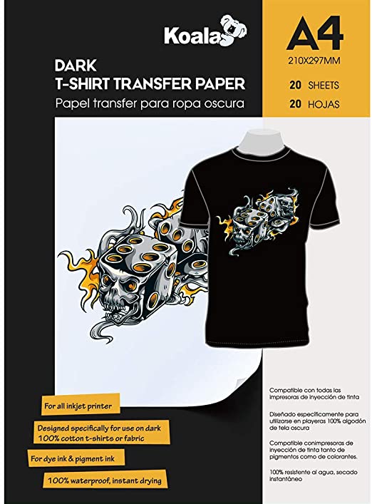 KOALA Inkjet Iron On T Shirt Transfer Paper for Dark Fabrics x 20 Sheets, A4