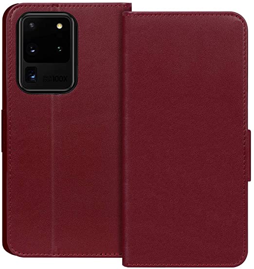 FYY Case for Samsung Galaxy S20 Ultra 5G 6.9”Luxury [Cowhide Genuine Leather][RFID Blocking] Wallet Handmade Flip Folio Case with [Kickstand Function]and[Card Slots] for Galaxy S20 Ultra 6.9” Wine Red