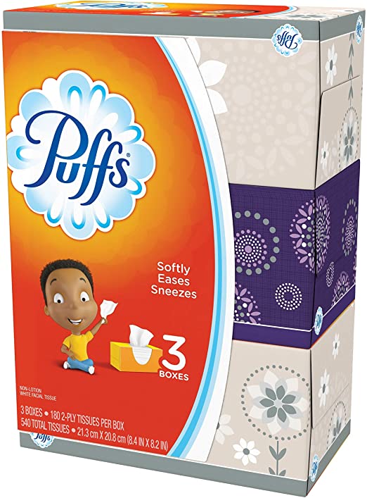 Puffs Basic Facial Tissues, 2 Ply - Assorted - Durable - For Face - 180 Quantity Per Box - 3 Boxes Per Pack