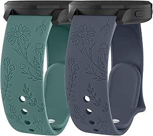 2 Pack Flower Engraved Bands Compatible with Garmin Venu 2 Plus/Venu Sq/Venu, Garmin Vivoactive 5 / Vivoactive 3, Soft Silicone Sport Replacement Strap for Garmin Vivomove Sport, Vivoactive 3 Music, Forerunner 645 / 245 Music Smart Watch